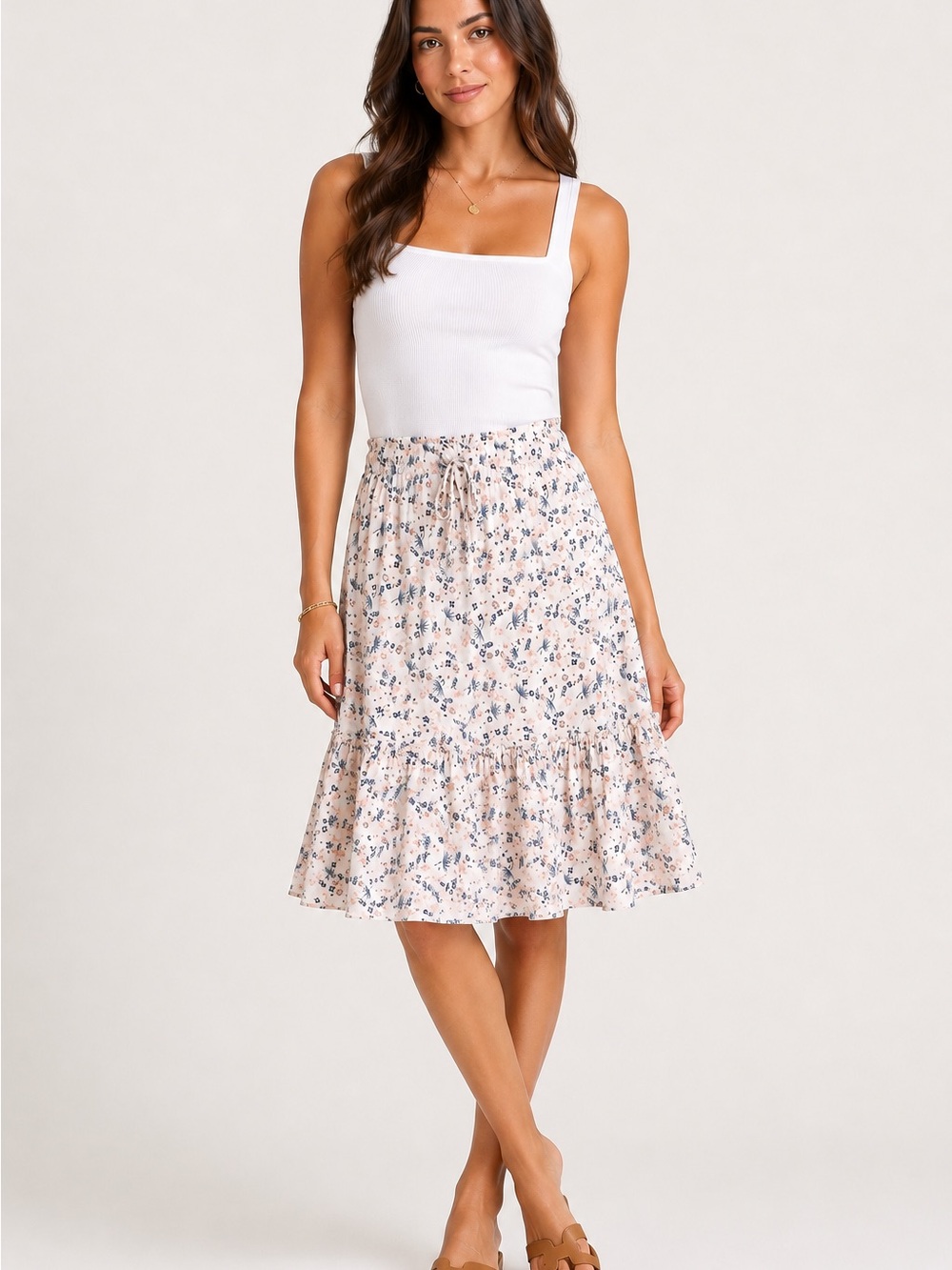 Downeast Basics Cotton Voile Midi Skirt Fan Floral Tiered Large